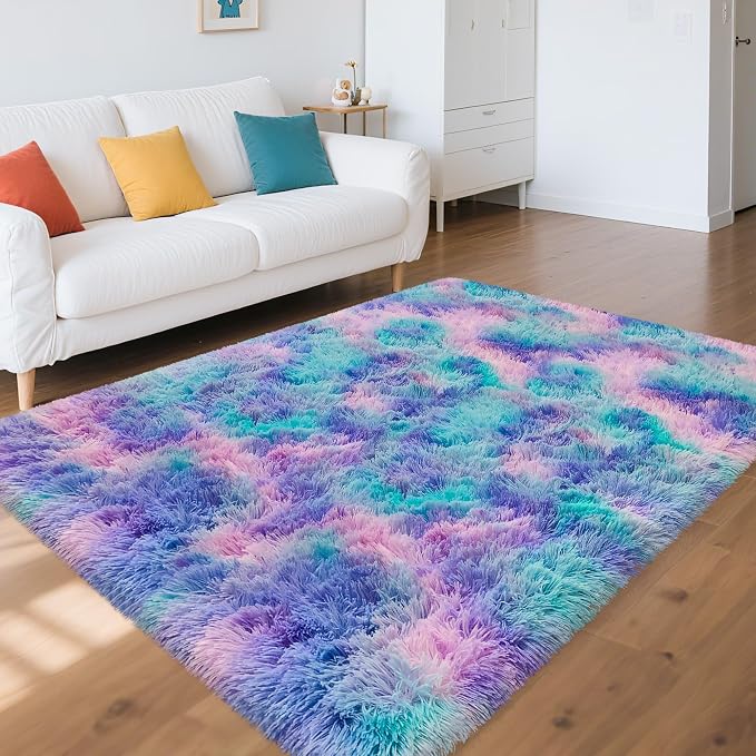 4x6ft Tie-Dyed Purple Rainbow Carpet Soft Area Rugs - Image 3
