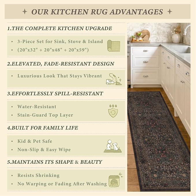 Taupe Brown Kitchen Rug Set of 3, Washable Non-Slip Mats - Image 6