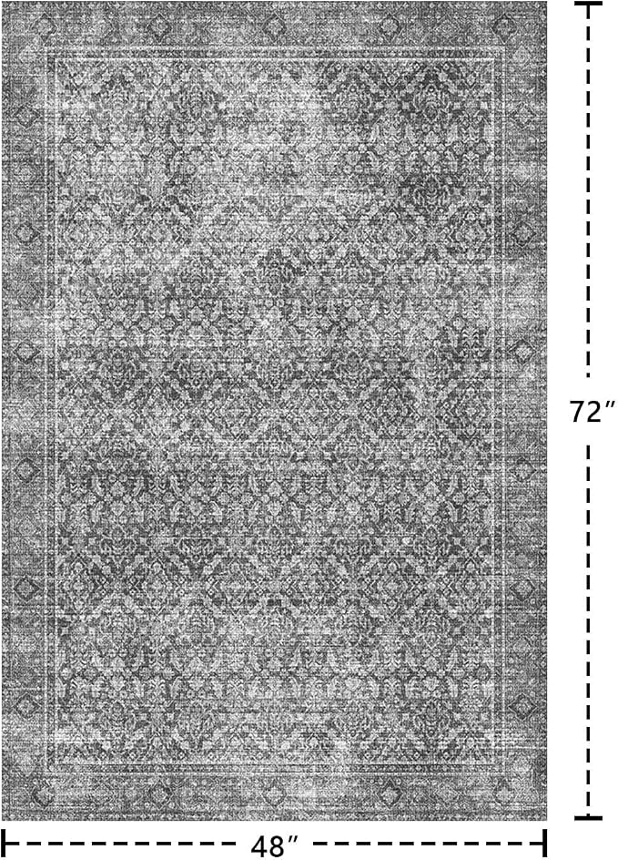 Latte&Fog 4x6 Rug for Living Room, Vintage Grey Washable Area Rug, Boho Floral - Image 2