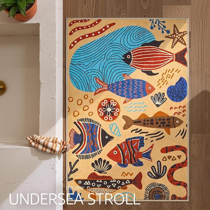 jinchan 2x3 Coastal Area Rug Kids Washable Fun Rug Colorful Ocean Fish Small - Image 2