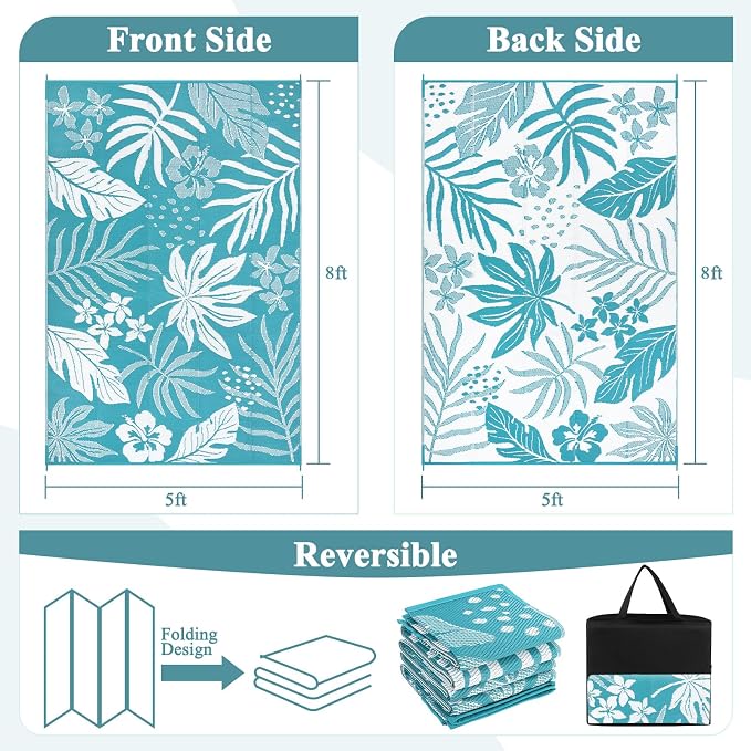 Pauwer Waterproof Outdoor Rug 5x8, Reversible Plastic Straw Patio Camping Rug - Image 2