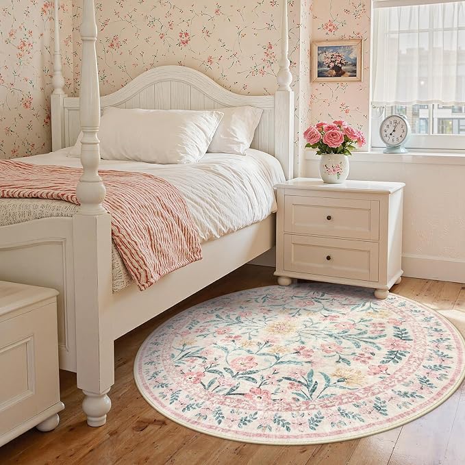 Wonnitar Pink Floral Round Rugs 5ft, Soft Circle Rug Non Slip Washable Round - Image 9