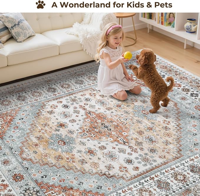 Vintage Area Rugs 9x12 Living Room, Large Washable Rug, Boho Carpet, Non Slip & - Image 4