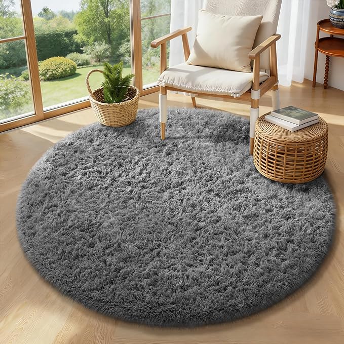 Ophanie Round Rug 4Ft Grey Circle Area Rugs, Fluffy Fuzzy Small Bedroom Carpet by Ophanie