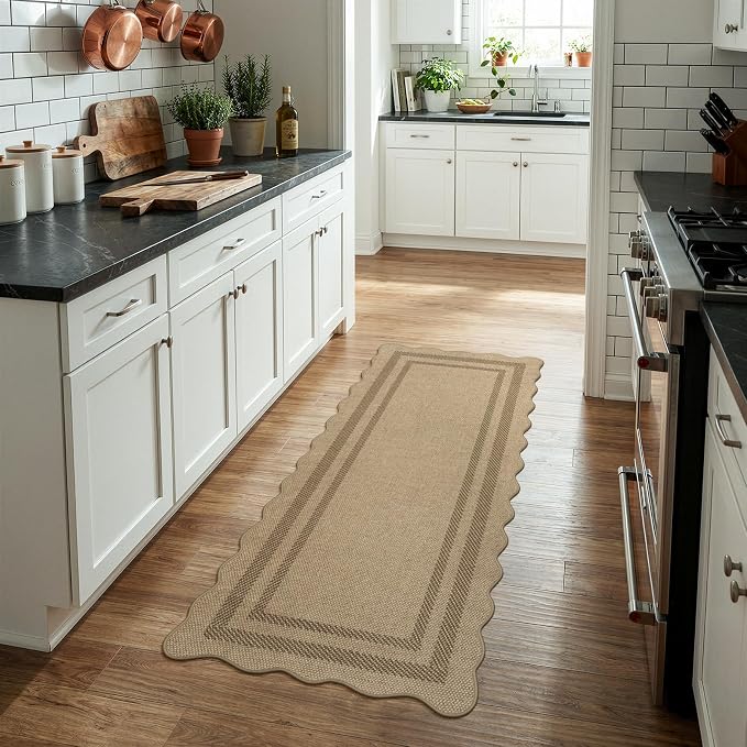 LIVEBOX Scalloped Easy Jute 2x5 Runner Kitchen Rug, Washable Non Slip Tan Rugs - Image 2