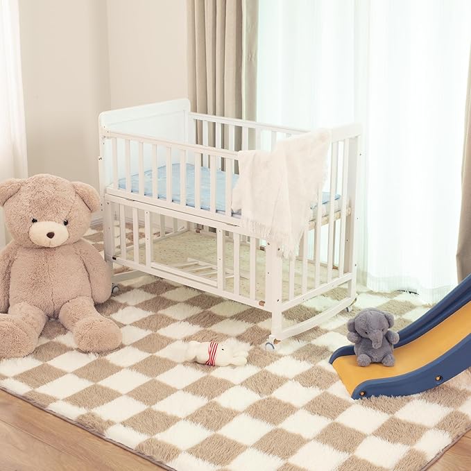 Super Soft Rug for Bedroom, 4x6 Ft Beige and White Area Rug Classic Checkered - Image 7