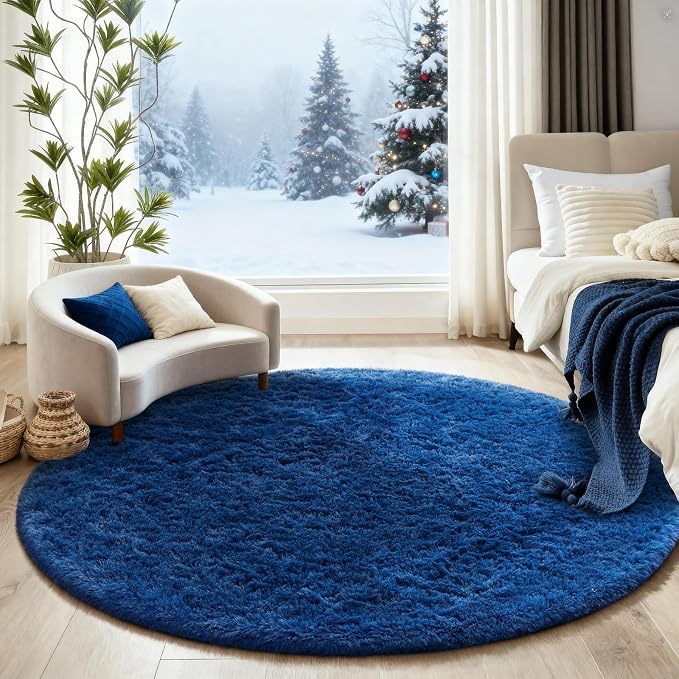 Ophanie Round Rug 5Ft Blue Circle Area Rug, Boys Room Decor, Fluffy Fuzzy - Image 5
