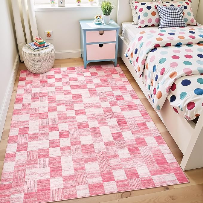 Terrug Pink Checkered Rug for Bedroom, 4x6 Area Rugs Washable by TerrugHomeDecor
