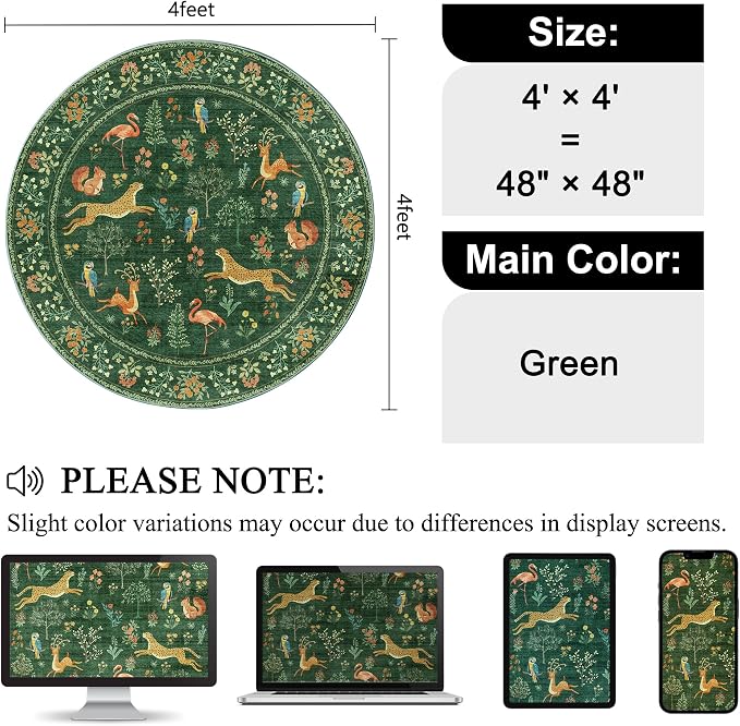 DUKINO 4ft Round Rug, Washable Round Area Rug, Non Slip Indoor Low Pile Animal - Image 2