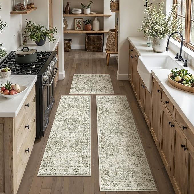 Neutral Kitchen Rug Set of 3 Washable Taupe Vintage Kitchen Mats by WondRg