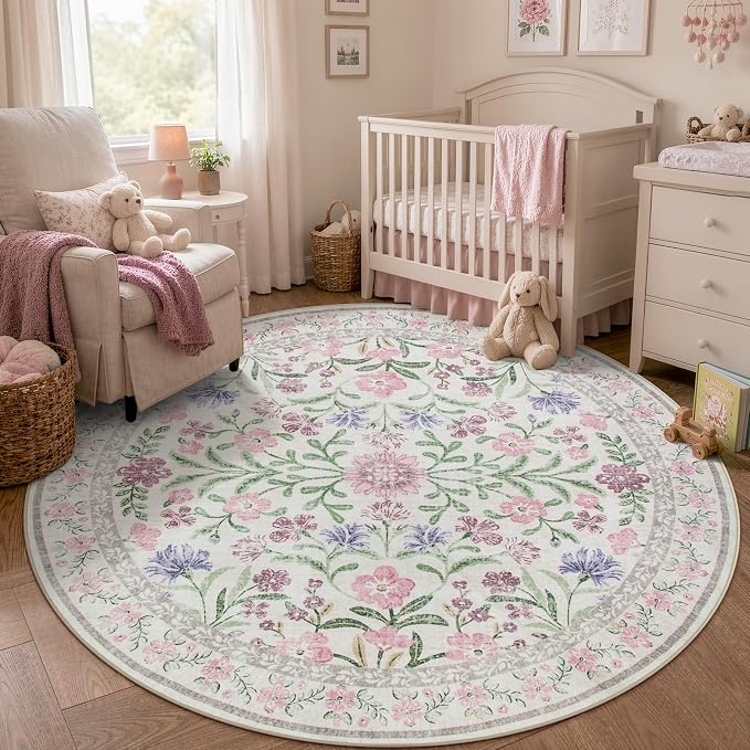 Wonnitar Floral Purple Round Area Rug 5ft, Soft Washable Kids Room Rug - Image 2