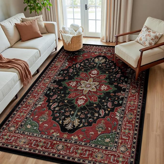 RELEANY Area Rugs 5'x8' Washable Non-Slip, Floral Vintage Distress Medallion by RELEANY