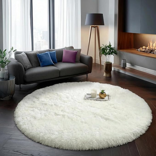Amdrebio Ivory White Large Round Rug 8Ft by Amdrebio