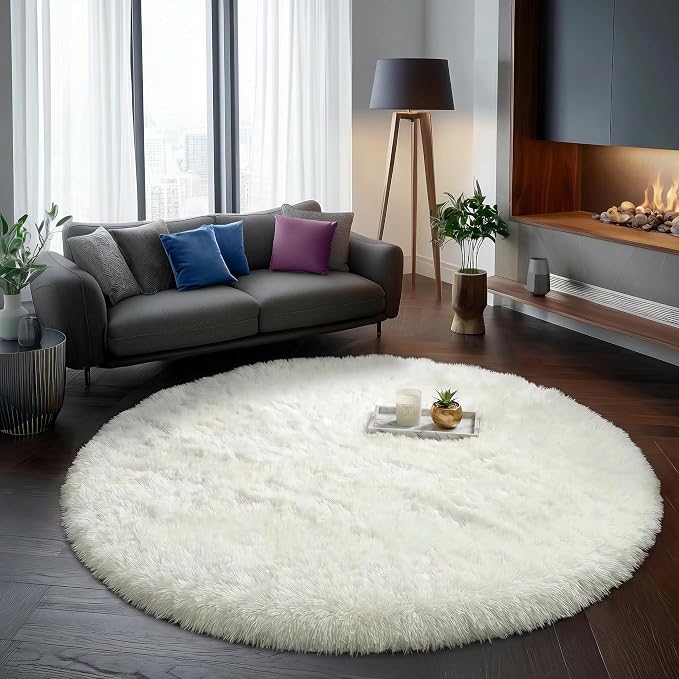Amdrebio Ivory White Big Round Rug 7Ft by Amdrebio