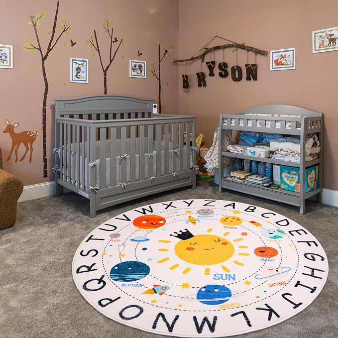 Round ABC Space Kids Rugs, 5.2 ft Non-Slip Solar System Alphabet Rugs, Washable - Image 5