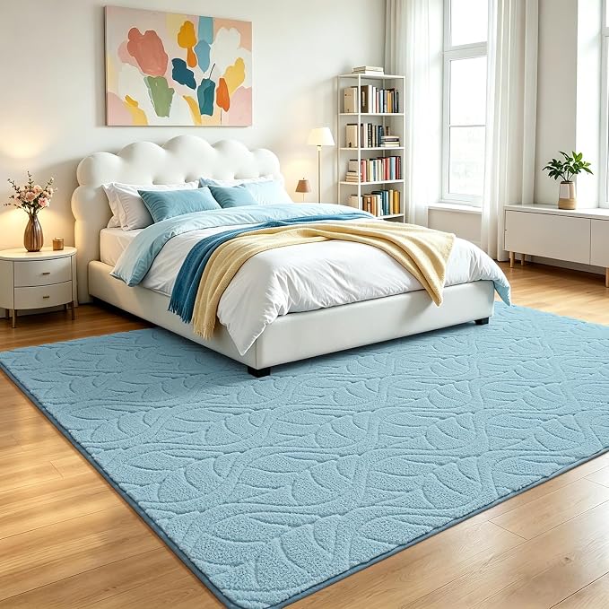 5x7 Blue Washable Area Rug for Bedroom Living Room, Leaf Geometric Patter Shag - Image 2
