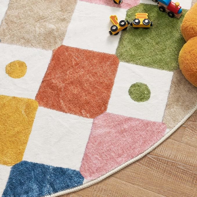 jinchan Macy 4ft Round Rug for Kids Room Modern Colorful Checkered Diamond - Image 9
