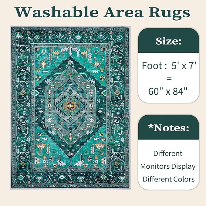 SERISSA Boho Area Rug 5x7 Teal, Washable Large Rugs - Image 6