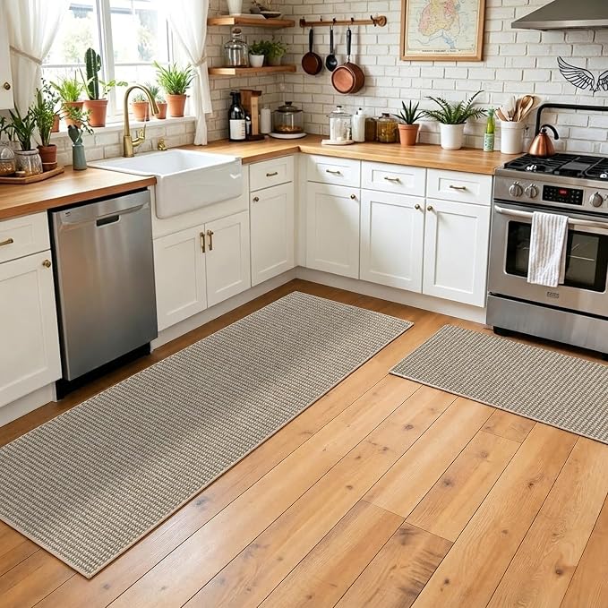 Faux Jute Hallway Runner Rug 2'x8', Washable & Non-Slip, Taupe & White | 0.27" - Image 5
