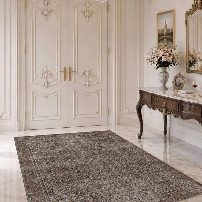 Latte&Fog 3x5 Entryway Rug, Vintage Brown Washable Area Rug, Boho Non Slip Low - Image 3