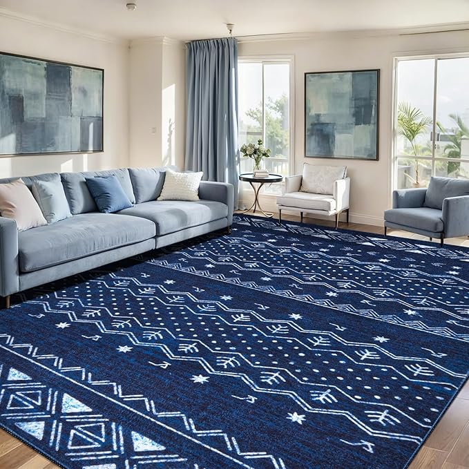 SERISSA 8x10 Area Rugs for Living Room, Washable Non-Slip Blue and White Boho by SERISSAHomeDecorCollection