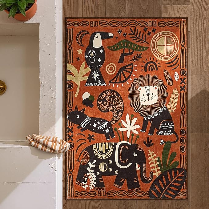 jinchan 2x3 Cute Area Rug Kids Washable Fun Rug Terracotta Boho Jungle Small by JINCHAN