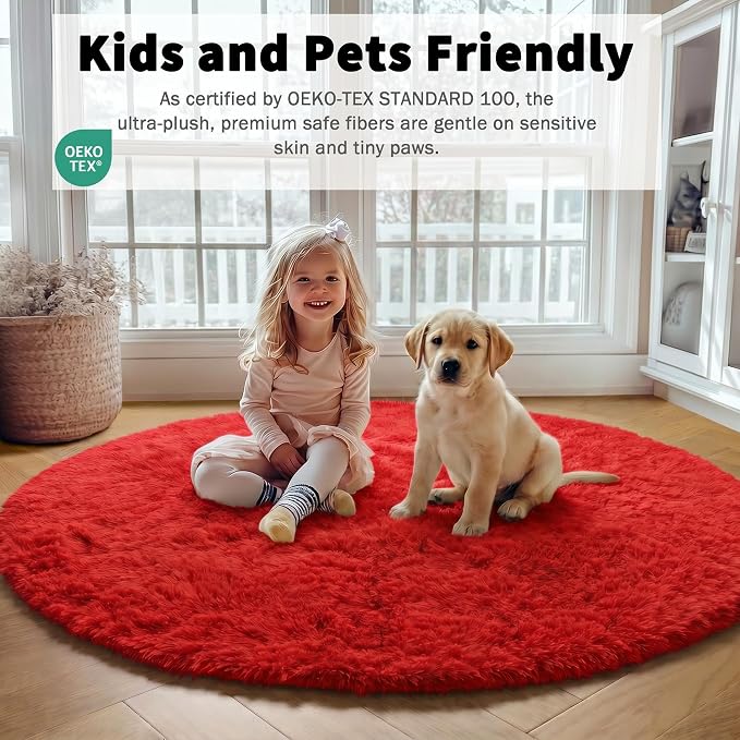 ONASAR Red Round Rugs 5ft for Bedroom Living Room, Fluffy Circle Area Rug for - Image 4