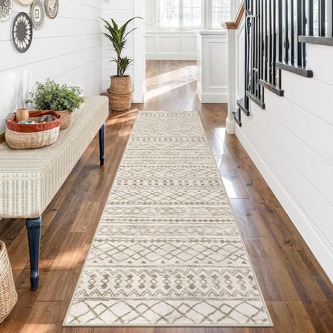 KUTA Boho Runners for Hallways 2x7 Beige Navy Blue Moroccan Washable Runner Rug - Image 4