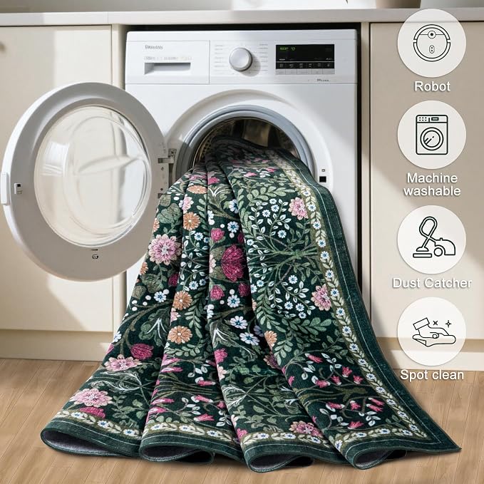 Entryway Rug 2X3 Small Rugs: Floral Washable Door Mat Vintage Soft Low Pile - Image 6