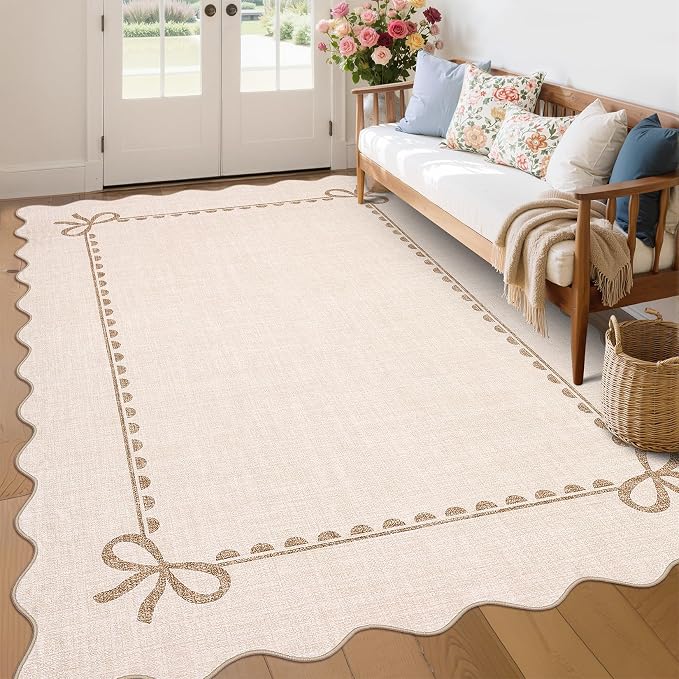 GarveeHome Scalloped Bow Rug for Living Room, Solid Beige Rug for Dorm by GarveeHome