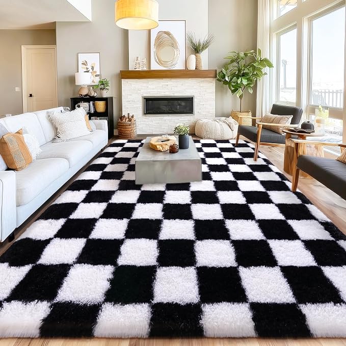 Checkered Rugs for Living Room 6x9, Ultra Soft Fluffy Rug for Bedroom, Modern - Image 7
