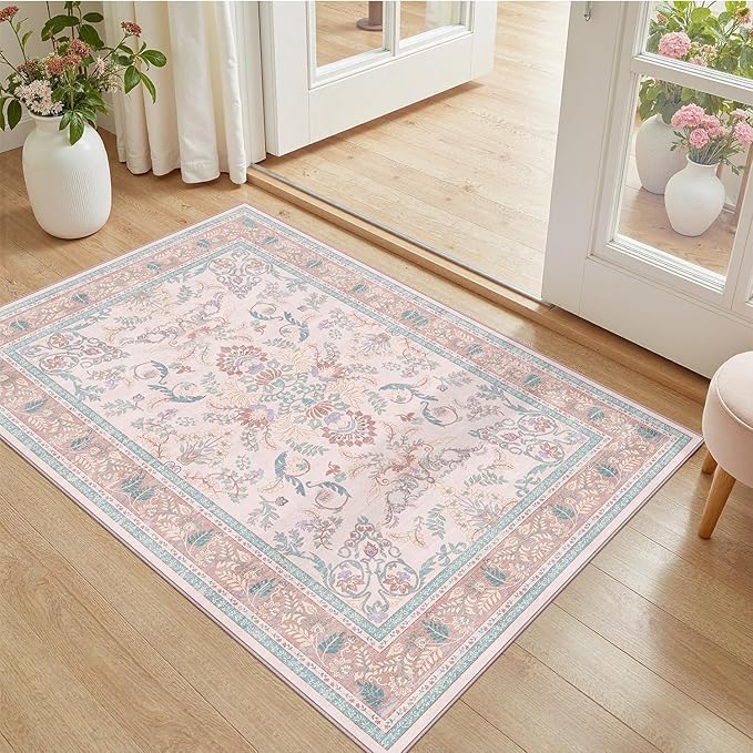 DCX 3x5 Pink Vintage Floral Rug, Machine Washable Non Slip Low Pile Carpet by DCXWashableRug