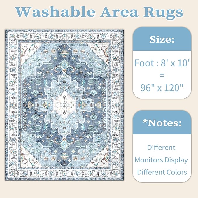 SERISSA Boho 8x10 Area Rugs Blue, Washable Vintage Large Living Room Rug - Image 7