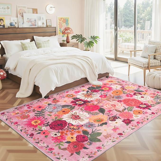 Floral Washable 6x9 Area Rug Pink, Soft Bedroom Rug - Image 4