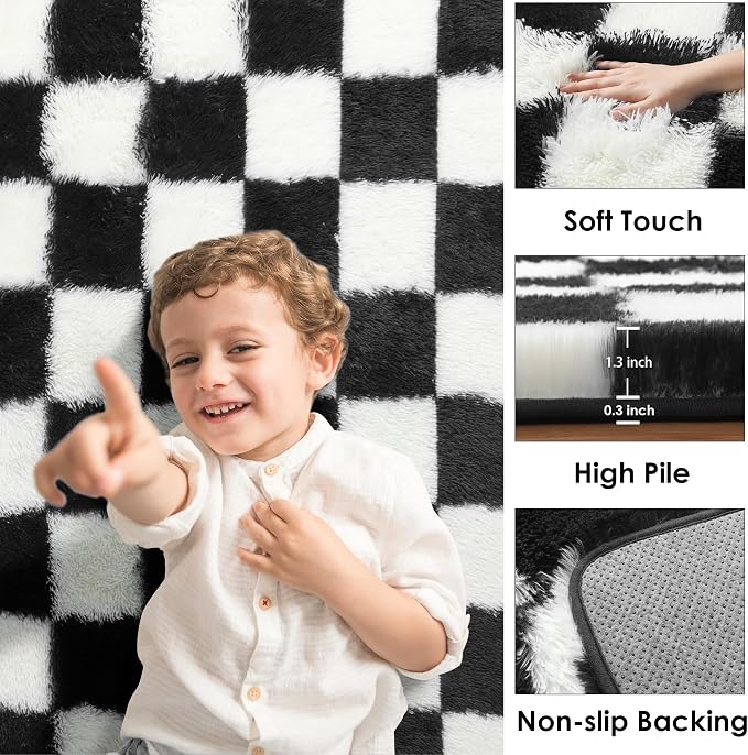 KICMOR Fluffy Soft Runner Rug for Bedroom Living Room, 2x6 Black and White - Image 2