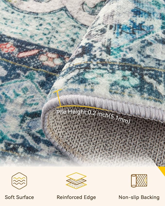 RELEANY Area Rugs Round 7ft Washable Non-Slip, Floral Vintage Distress - Image 3