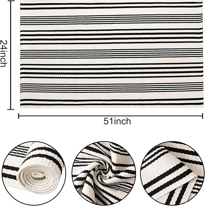 Black and White Striped Outdoor Rug 24'' x 51''Farmhouse Front Porch Rug - Image 2
