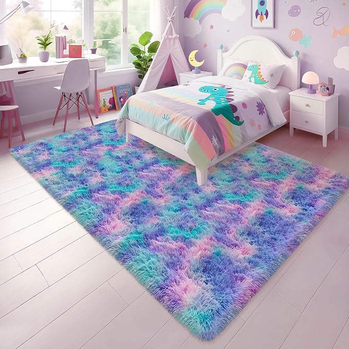Soft Fluffy Purple Rainbow Rug for Bedroom Kids 6x9 Mermaid Stitch Rugs for - Image 3