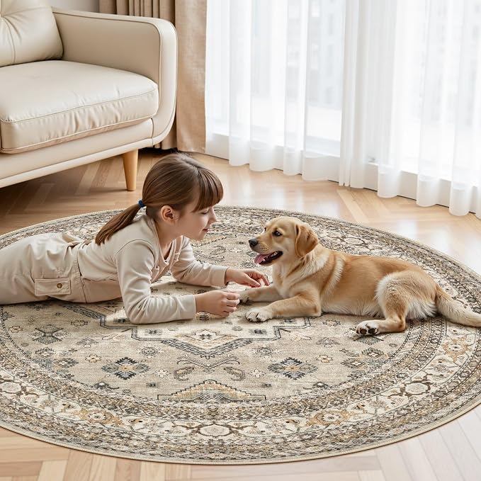 5ft Round Vintage Living Room Area Rug - Image 8
