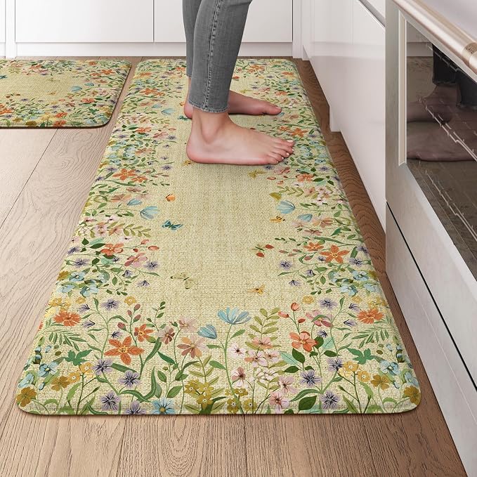 KIMODE Kitchen Mats Cushioned Anti Fatigue, Summer Farmhouse Flower Kitchen by StayinComfortCookwithJoy