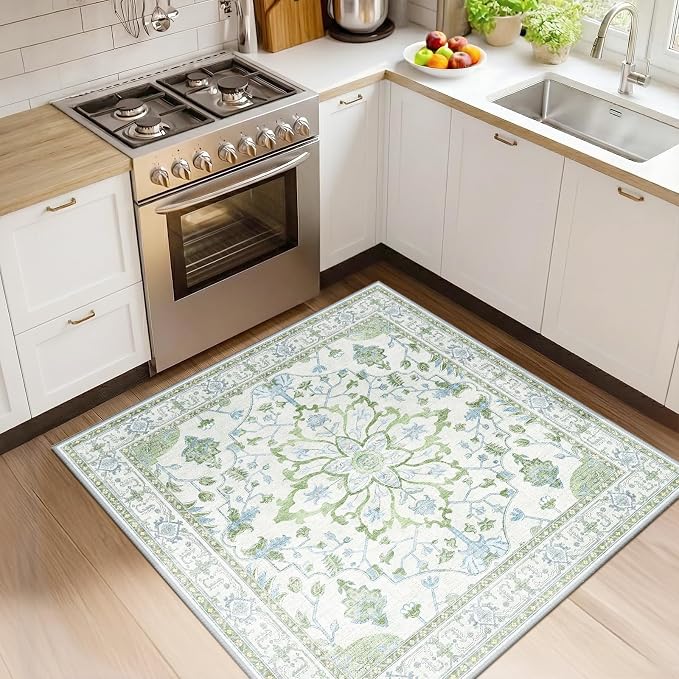 RELEANY Area Rugs Square 4ft Washable Non-Slip, Floral Vintage Distress by RELEANY
