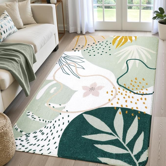 Lahome Green Botanical Print Small Throw Rugs Modern Abstract Non-Slip 3x5 by Lahome