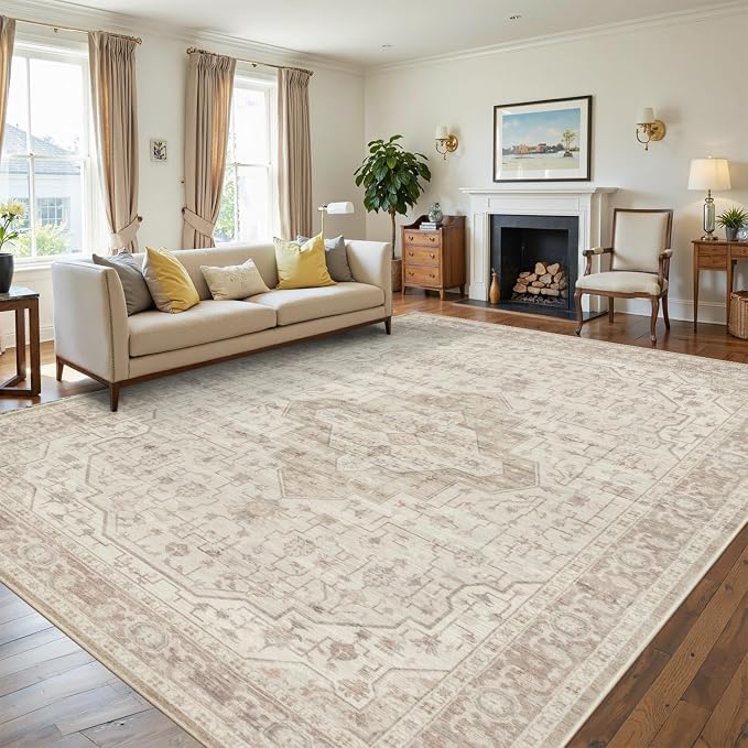 Rugxara 8x10 Washable Area Rug for Living Room, Vintage Neutral Extra Large by Rugxara
