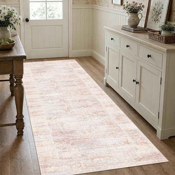 Latte&Fog Pink Washable Kitchen Runner Rug 2.6x8, Non Slip Low Pile Vintage Rugs - Image 2