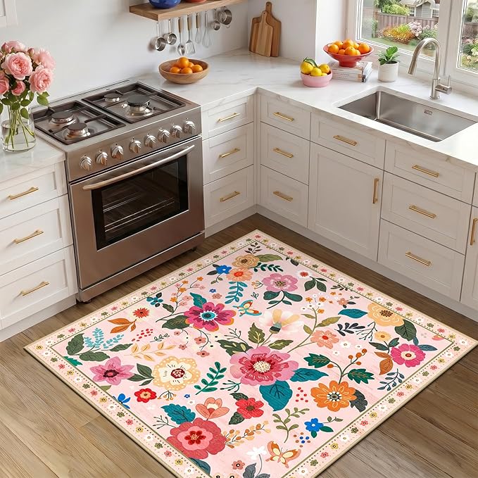 RELEANY Floral Square 5ft Area Rugs Washable Print Boho Cute Carpet Non Slip - Image 2