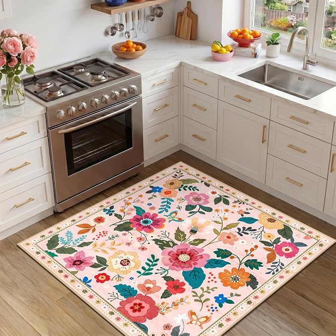 RELEANY Floral Square 4ft Area Rugs Washable Print Boho Cute Carpet Non Slip by RELEANY