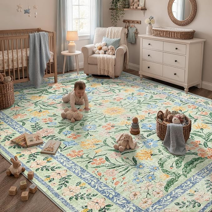 Wonnitar Machine Washable Area Rugs 9x12, Soft Sage Green Floral Rug - Image 3