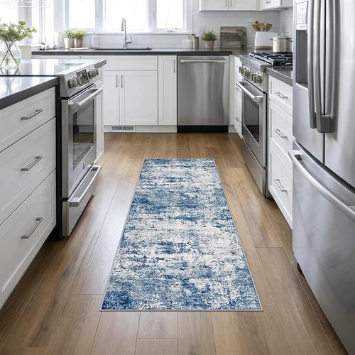 2'x6' Runner Rug Washable Rug: Modern Abstract Soft Thin Runner Rug Blue by FXRHLP