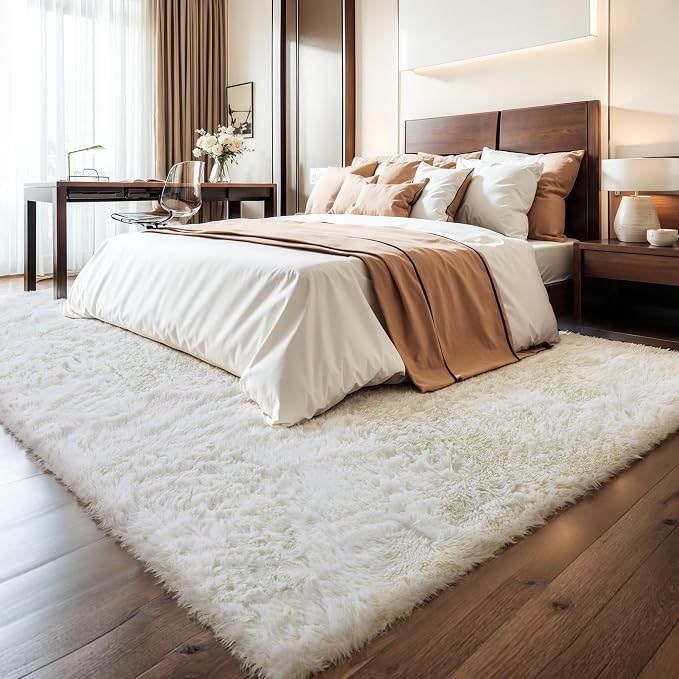 KICHOWUA Thick Area Rug 5x8 Cream White Fluffy Shag - Image 6