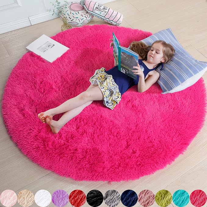 Hot Pink Round Rug 4Ft for Girls Bedroom, Fluffy Circle Area Rugs for Kids Room by Amdrebio